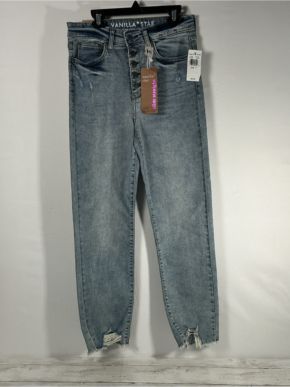 Vanilla Star Women's Light Wash Boyfriend Jeans with Distressed Ankles
